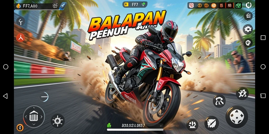 Tampilan gameplay F7F7 yang menggambarkan aksi balapan motor.
