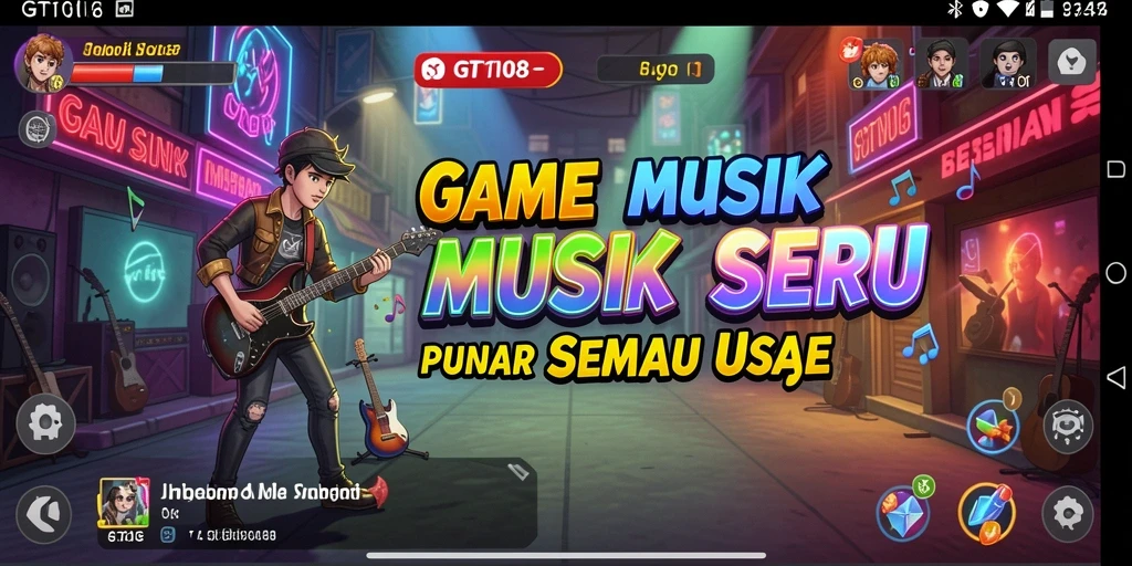 Screenshot menunjukkan gameplay seru dalam GT108 dengan visual musik yang menarik.
