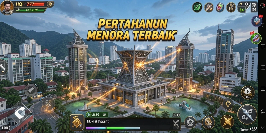 Screenshot HQ777 menampilkan aksi seru dalam pertahanan menara.