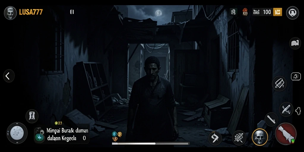Screenshot gameplay LUSA777 yang menampilkan momen menegangkan di kegelapan.