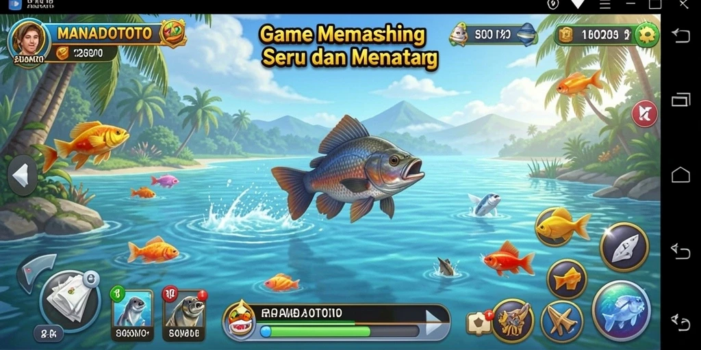 Gameplay seru dalam MANADOTOTO dengan berbagai lokasi memancing yang menarik.