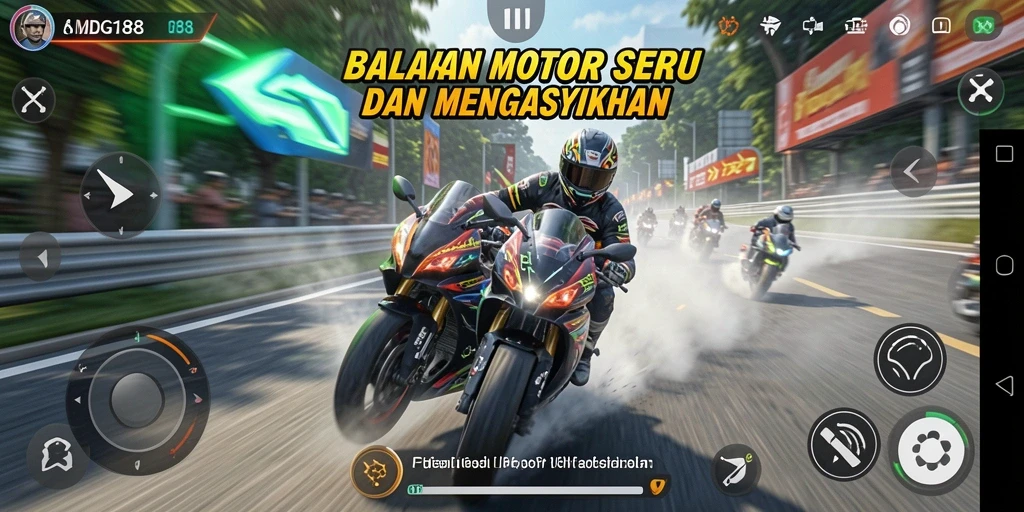 Tampilan gameplay MDG188 saat balapan motor di lintasan berliku.
