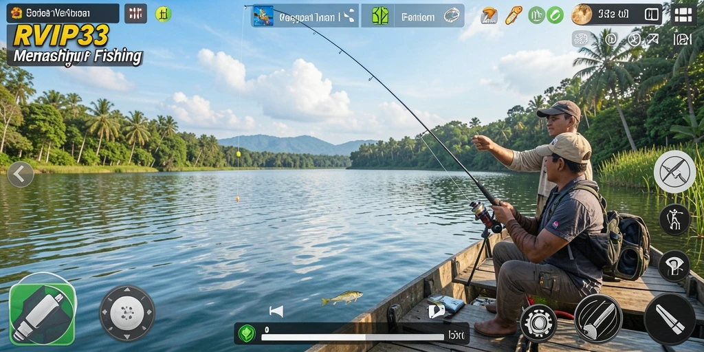 Screenshot RVIP3 menunjukkan pemain menangkap ikan dengan grafik yang menakjubkan.